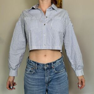 Zara Preppy White Blue Collared Cropped Shirt Size Medium